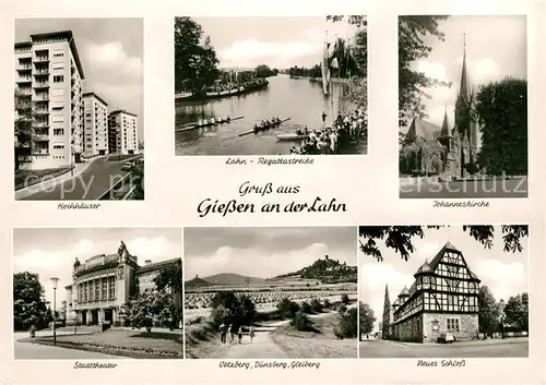 AK / Ansichtskarte Giessen_Lahn Hochhaeuser Lahn Regattastrecke Johanneskirche Stadttheater Oetzberg Duensberg Gleiberg Neues Schloss Giessen_Lahn