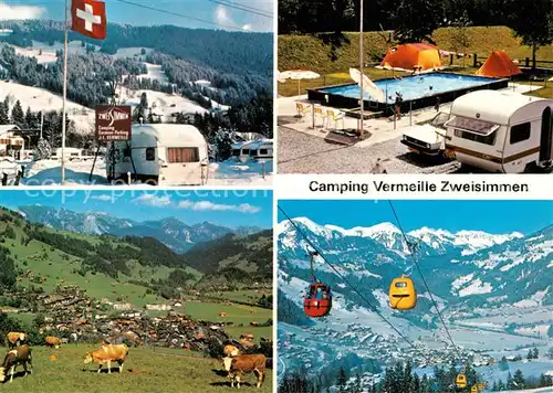 AK / Ansichtskarte Zweisimmen Camping Vermeille Swimming Pool Bergbahn Alpenpanorama Almvieh Kuehe Zweisimmen