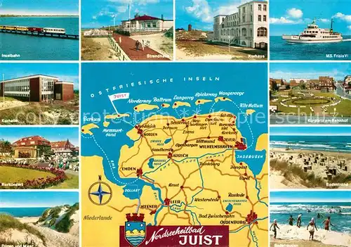 AK / Ansichtskarte Insel_Juist Inselbahn Strandhotel Kurhaus MS Frisia VI Kurhalle Kurkonzert Kurplatz Badestrand Insel_Juist