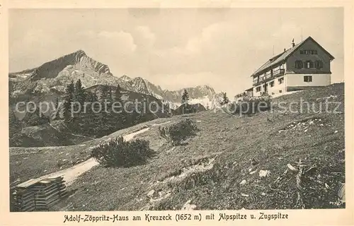 AK / Ansichtskarte Garmisch Partenkirchen Adolf Zoeppritz Haus am Kreuzeck mit Alpspitze und Zugspitze Garmisch Partenkirchen