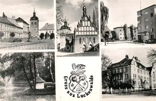 AK / Ansichtskarte Luckenwalde Stadtturm Rathaus Stadtpark Schwanenteich Gebaeude Innenstadt Wappen Luckenwalde