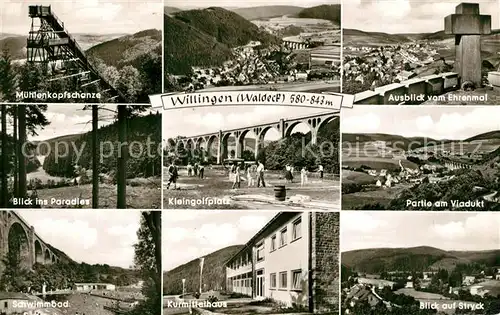 AK / Ansichtskarte Willingen_Sauerland Muehlenkopfschanze Skisprungschanze Paradies Schwimmbad Minigolf Viadukt Kurmittelhaus Ehrenmal Stryck Willingen_Sauerland