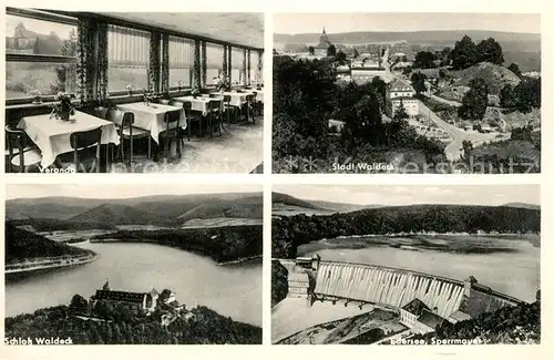 AK / Ansichtskarte Waldeck_Edersee Hotel Waldecker Hof Veranda Schloss Sperrmauer Fliegeraufnahme Waldeck Edersee