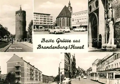 AK / Ansichtskarte Brandenburg_Havel Plauer Torturm Kirche Roland Statue Wohnsiedlung Strassenbahn Brandenburg Havel