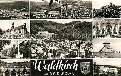 AK / Ansichtskarte Waldkirch_Breisgau Rathaus Stadion Stadtpfarrkirche Kandel Hotel Kandel Gipfel Waldkirch Breisgau