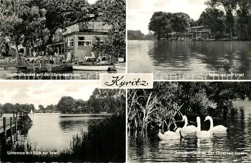 AK / Ansichtskarte Kyritz_Brandenburg Inselrestaurant Untersee Insel Uferpartie am See Schwaene Kyritz Brandenburg