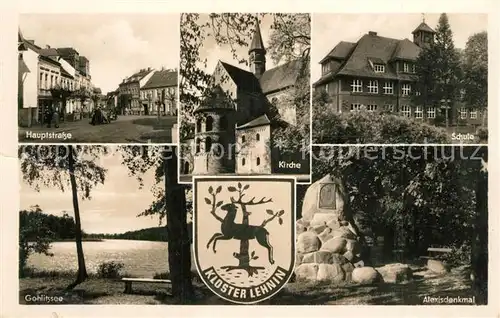 AK / Ansichtskarte Lehnin Hauptstrasse Gohlitzsee Kirche Schule Alexisdenkmal Wappen Lehnin