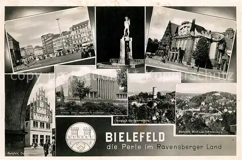 AK / Ansichtskarte Bielefeld Jahnplatz Cruewellhaus Oetker Musikhalle Buergerpark Sparrenburg Johannisberg Rathaus Stadttheater Leineweber Denkmal Bielefeld