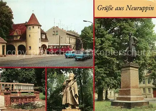 AK / Ansichtskarte Neuruppin Bahnhof Rheinsberger Tor HO Cafe Tempelgarten Plastik Statue Fontanedenkmal Neuruppin