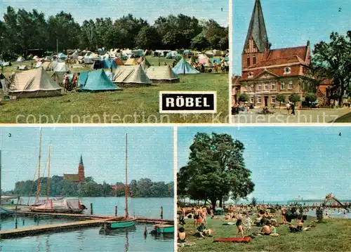 AK / Ansichtskarte Roebel_Mueritz Zeltplatz Rathaus Bootssteg Badeanstalt Mueritz Mecklenburgische Seenplatte Roebel Mueritz