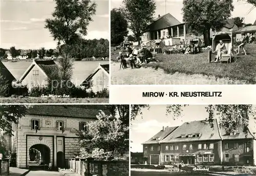 AK / Ansichtskarte Mirow Badestrand Mirower See Mecklenburgische Seenplatte Torhaus Bahnhof Mirow