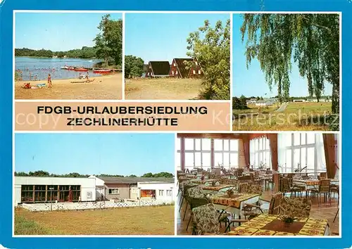 AK / Ansichtskarte Zechlinerhuette FDGB Urlaubersiedlung Badestelle Bootssteg Tietzowsee Finnhuetten Restaurant Zechlinerhuette