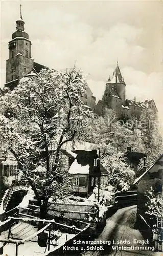 AK / Ansichtskarte Schwarzenberg_Erzgebirge Kirche und Schloss Winterstimmung Schwarzenberg Erzgebirge