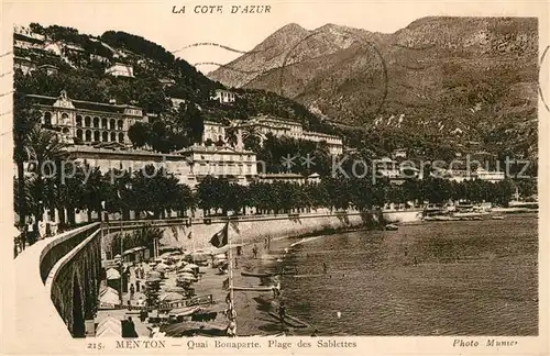 AK / Ansichtskarte Menton_Alpes_Maritimes Quai Bonaparte Plage des Sablettes Menton_Alpes_Maritimes