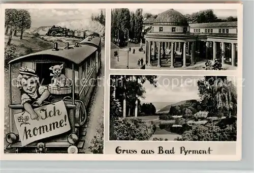 AK / Ansichtskarte Pyrmont_Bad Wandelhalle Kursanatorium Kurpark Karikatur Eisenbahn Pyrmont_Bad