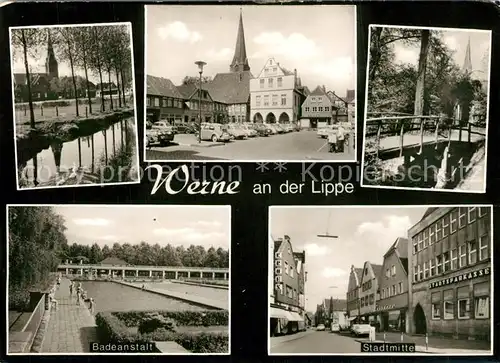 AK / Ansichtskarte Werne_Unna Teich Marktplatz Bruecke Badeanstalt Stadtmitte Werne_Unna