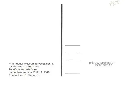 AK / Ansichtskarte Minden_Westfalen Zerstoerte Weserbruecke im Hochwasser 1946 Aquarell Minden_Westfalen