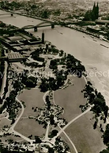 AK / Ansichtskarte Koeln_Rhein Fliegeraufnahme mit Rheinpark mit Tanzbrunnen und Messegelaende Koeln_Rhein