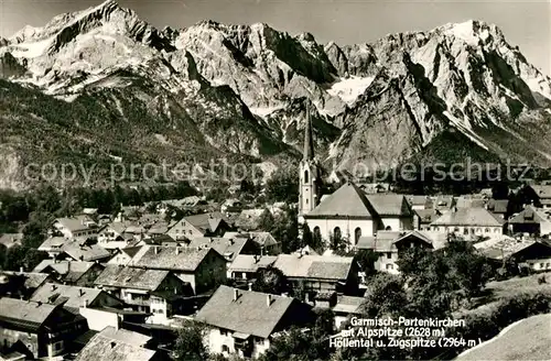 AK / Ansichtskarte Garmisch Partenkirchen Stadtbild mit Kirche Blick zur Alpspitze Hoellental und Zugspitze Wettersteingebirge Garmisch Partenkirchen