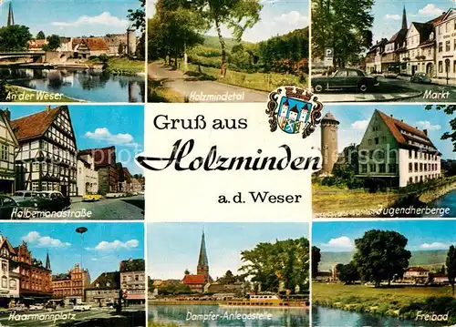 AK / Ansichtskarte Holzminden_Weser Uferpartie an der Weser Holzmindetal Markt Jugendherberge Haeuserpartie Fachwerkhaeuser Dampferanleger Freibad Holzminden Weser