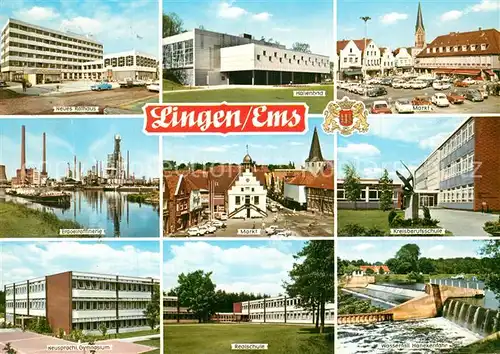 AK / Ansichtskarte Lingen_Ems Rathaus Hallenbad Markt Erd?lraffinerie Wasserfall Schulen Lingen_Ems