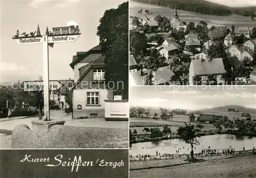 AK / Ansichtskarte Seiffen_Erzgebirge Wegweiser Naturbuehne Bahnhof Panorama Schwimmbad Seiffen Erzgebirge