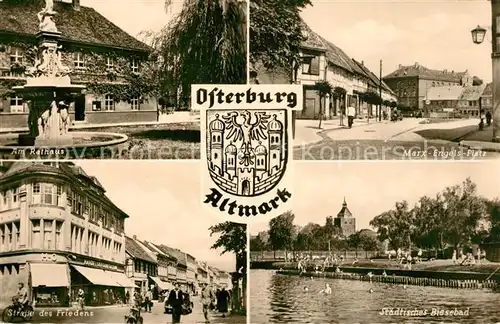 AK / Ansichtskarte Osterburg_Altmark Rathaus Marx Engels Platz Strasse des Friedens Biesebad Osterburg_Altmark