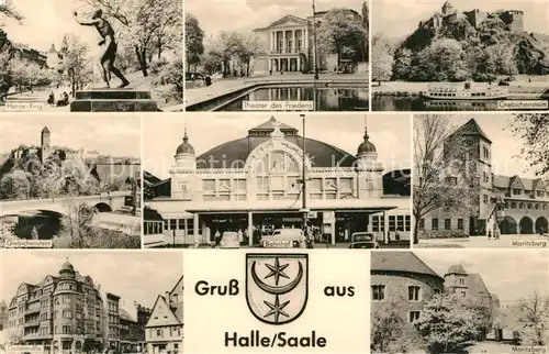AK / Ansichtskarte Halle_Saale Hansering Giebichenstien Geiststrasse Moritzburg Bahnhof Theater des Friedens Halle_Saale