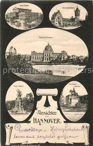 AK / Ansichtskarte Hannover Theater Flusswasserkunst Provinzial Museum Ernst August Denkmal Kriegerdenkmal Hannover