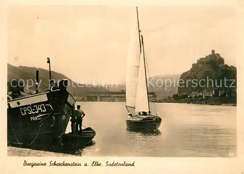 AK / Ansichtskarte Aussig_Tschechien Burgruine Schreckenstein an der Elbe Segelboot Aussig Tschechien