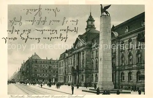 AK / Ansichtskarte Karlsruhe_Baden Hauptpost mit Grenadier Denkmal Karlsruhe_Baden