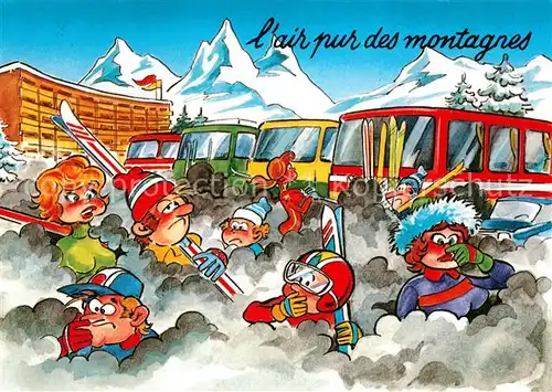 AK / Ansichtskarte Skifahren Autobus Smog Humor Comic  