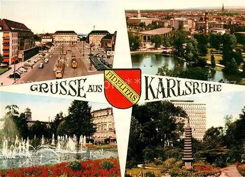 AK / Ansichtskarte Strassenbahn Karlsruhe Bahnhofsplatz Stadtgarten Wasserspiele 