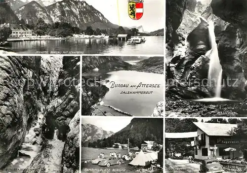 AK / Ansichtskarte Burgau_Attersee_Salzkammergut Seehotel mit Schafberg Burggrabenklamm Wasserfall Campingplatz Gaststaette Jaegerwirt Burgau_Attersee