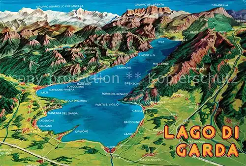 AK / Ansichtskarte Lago_di_Garda Gardasee und Umgebung aus der Vogelperspektive Kuenstlerkarte Lago_di_Garda