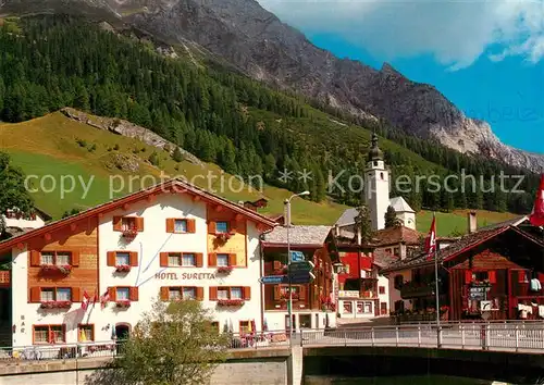 AK / Ansichtskarte Spluegen_GR Hotel Suretta Kirche am Spluegenpass Alpenpass Spluegen_GR