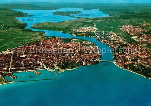 AK / Ansichtskarte Konstanz_Bodensee Fliegeraufnahme mit Hafen Rhein Untersee Reichenau Konstanz_Bodensee