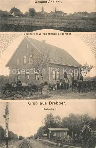 AK / Ansichtskarte Drebber Panorama Geschaeftshaus Hinrich Strahmann Bahnhof Drebber