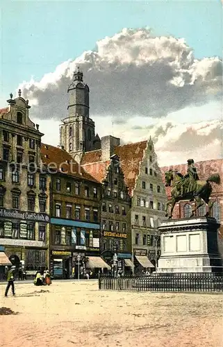 AK / Ansichtskarte Breslau_Niederschlesien Siebenkurfuerstenseite am Ring Denkmal Reiterstandbild Kirchturm Breslau_Niederschlesien