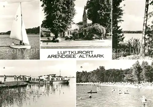 AK / Ansichtskarte Arendsee_Altmark Rathaus Schramper Eck Fahrgastschiff Seeadler an der Mole Badestrand Arendsee Altmark