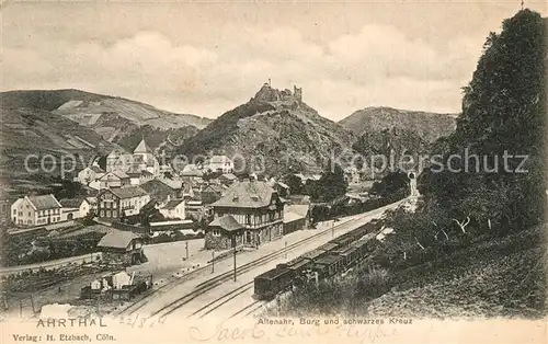 AK / Ansichtskarte Altenahr Panorama mit Burg und schwarzes Kreuz Eisenbahn Ahrtal Altenahr