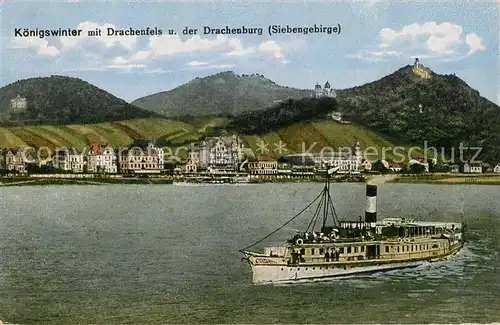 AK / Ansichtskarte Koenigswinter Blick ueber den Rhein Drachenfels Drachenburg Siebengebirge Dampfer Koenigswinter