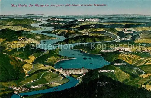 AK / Ansichtskarte Waldeck_Edersee Gebiet der Waldecker Talsperre Edertalsperre aus der Vogelschau Kunstdruck No. 2 Waldeck Edersee