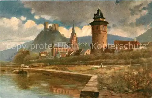 AK / Ansichtskarte Oberwesel_Rhein Partie am Fluss Blick zur Burg Schoenburg Kuenstlerkarte Oberwesel Rhein