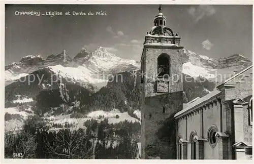 AK / Ansichtskarte Champery Kirche Bergkette Winteraufnahme Champery