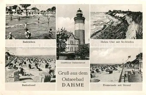 AK / Ansichtskarte Dahme_Ostseebad_Holstein Badespass Leuchtfeuer Dahmeshoeved Hohes Ufer mit Seefrieden Badestrand Promenade 