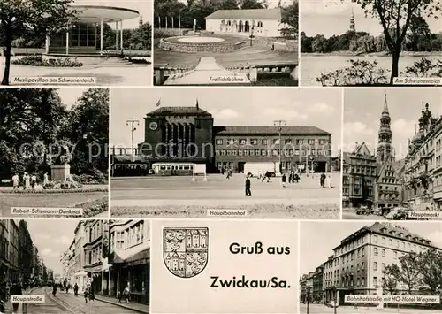 AK / Ansichtskarte Zwickau_Sachsen Musikpavillon Schwanenteich Freilichtbuehne Robert Schumann Denkmal Bahnhof Markt HO Hotel Wappen Zwickau Sachsen