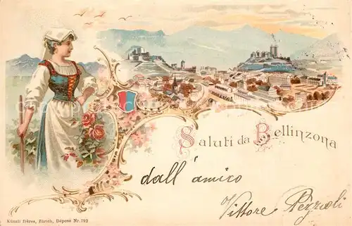 AK / Ansichtskarte Bellinzona Panorama Frau mit Tracht Bellinzona