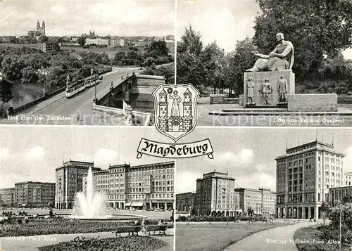 AK / Ansichtskarte Magdeburg Panorama Zollhafen Eicke von Repkow Denkmal Wilhelm Pieck Allee Fontaene Wappen Magdeburg