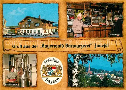 AK / Ansichtskarte Zwiesel_Niederbayern Bayerwald Baerwurzerei Wappen Stadtpanorama Zwiesel Niederbayern